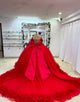 Red 3D Flower Off the Shoulder Princess Tulle Quinceanera Dress with Bow