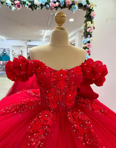 Red 3D Flower Off the Shoulder Princess Tulle Quinceanera Dress with Bow