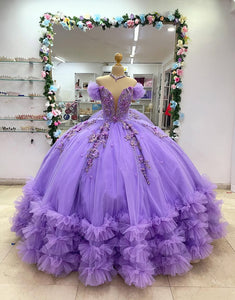 Purple Off the Shoulder Applique Princess Tulle Quinceanera Dress with Bow