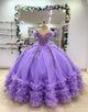 Purple Off the Shoulder Applique Princess Tulle Quinceanera Dress with Bow