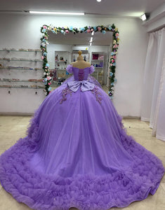 Purple Off the Shoulder Applique Princess Tulle Quinceanera Dress with Bow