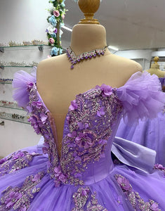 Purple Off the Shoulder Applique Princess Tulle Quinceanera Dress with Bow