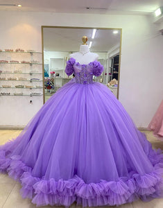 Purple 3D Flower Off the Shoulder Applique Ball Gown Tulle Quinceanera Dress