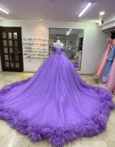 Purple 3D Flower Off the Shoulder Applique Ball Gown Tulle Quinceanera Dress