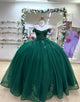 Dark Green Off the Shoulder Applique Princess Tulle Quinceanera Dress