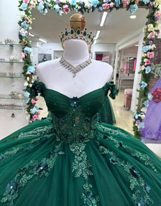 Dark Green Off the Shoulder Applique Princess Tulle Quinceanera Dress