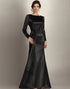Black Mermaid Long Sleeves Satin Ruched Long Mother of the Bride Dress