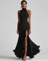 Halter Neck Black Ruffles Mermaid Long Formal Dress with Slit