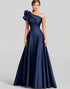 Navy A-Line Ruffled One Shoulder Satin Long Formal Dress
