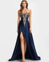 Beaded Navy Blue A Line Sweetheart Satin Sparkly Formal Dress with Slit