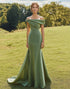 Sage Slim Off The Shoulder Draped Neck Long Fishtail Formal Dress with Wide Hem