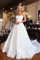 A-Line Ivory Bateau Neck Tulle Wedding Dress with Sweep Train