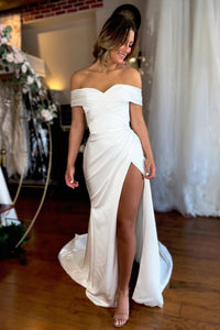 Off The Shoulder Mermaid Ivory Slit Wedding Dress