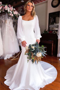 Ivory Scoop Neck Mermaid Long Sleeve Wedding Dress with Sweep Train