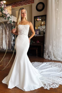 Ivory Mermaid Spaghetti Applique Sweep Train Wedding Dress