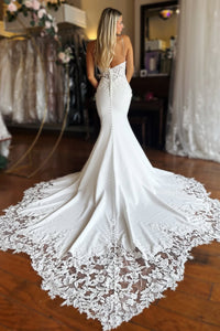 Ivory Mermaid Spaghetti Applique Sweep Train Wedding Dress