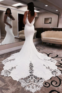 Ivory Mermaid Spaghetti Applique Sweep Train Wedding Dress