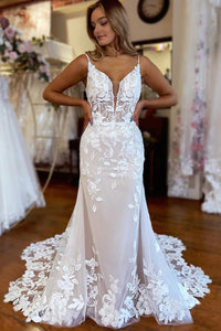 Ivory Lace Applique Mermaid Spaghetti Wedding Dress