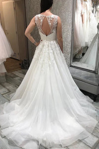 Ivory A-Line V-Neck Applique Long Wedding Dress