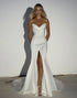 Elegant Ivory Satin Sweetheart Sheath Beaded Long Wedding Dress with Slit