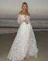Romantic Ivory A Line Tulle Long Sleeve Wedding Dress with Lace Appliques