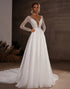 Ivory V Neck Lace Long Sleeve Tulle A Line Wedding Dress with Train