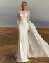 Ivory Sheath Satin Round Neck Long Sleeve Wedding Dress with Ribbon