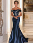 Navy Off the Shoulder Mermaid Satin Long Mother Of the Bride Dress with Embroidery