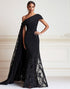 Black Mermaid One Shoulder Lace Long Mother of the Bride Dress with Side Shoulder Cape