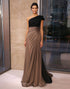 Brown Crepe Sheath Ruched One Shoulder Gala Dress