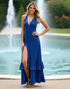 Dark Blue A-Line Straps V-Neck Cascading Ruffles Formal Dress with Slit