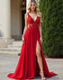 Red Spaghetti A-Line V-Neck Lace Applique Formal Dress with Slit