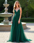 Dark Green Spaghetti A-Line V-Neck Tulle Long Formal Dress with Slit