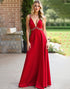 Rhinestone Spaghetti A-Line Deep V-Neck Long Red Formal Dress