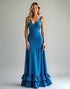 Blue Spaghetti Sheath V-Neck Cascading Ruffles Long Formal Dress