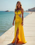 Spaghetti Sheath V-Neck Hollow Rhinestone Slit Long Yellow Formal Dress