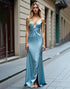 Light Blue Spaghetti V-Neck Ruched Slit Long Sheath Formal Dress