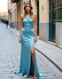 Light Blue Mermaid Halter Slit Long Formal Dress with Sweep Train
