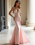 Pink Mermaid Spaghetti V-Neck Lace Applique Long Formal Dress