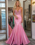 Mermaid V-Neck Strapless Applique Satin Pink Formal Dress with Floor-Length