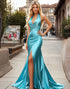 Mermaid Blue Halter Spaghetti Slit Satin Formal Dress with Sweep Train