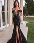 Black Mermaid Strapless Off The Shoulder Rhinestone Formal Dress with Slit