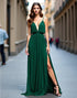A-Line Spaghetti V-neck Pleated Split Chiffon Dark Green Formal Dress