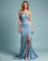 Dusty Blue Sheath Spaghetti Straps V-Neck Formal Dress with Split