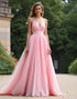 Pink Spaghetti Straps V-Neck A-Line Pleated Chiffon Formal Dress