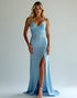 Sheath Spaghetti Straps V-Neck Split Satin Formal Dress with Dusty Blue