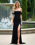 Black Sheath Strapless Bateau Neck Ruffles Chiffon Sweep Train Formal Dress