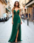 Dark Green Sheath Spaghetti V-Neck Appliqued Split Chiffon Formal Dress