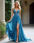 A-Line Spaghetti V-Neck Lace Appliqued Split Chiffon Dusty Blue Formal Dress
