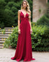 Burgundy A-Line Spaghetti Straps Deep V-Neck Pleated Chiffon Formal Dress